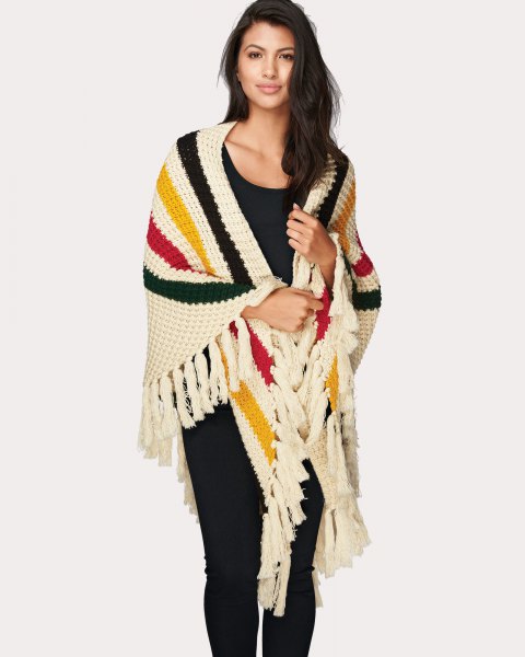 Multi colored striped knit fringe wrap any black outfit