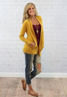 Mustard yellow, casual cardigan with a gray tank top with a scoop neckline