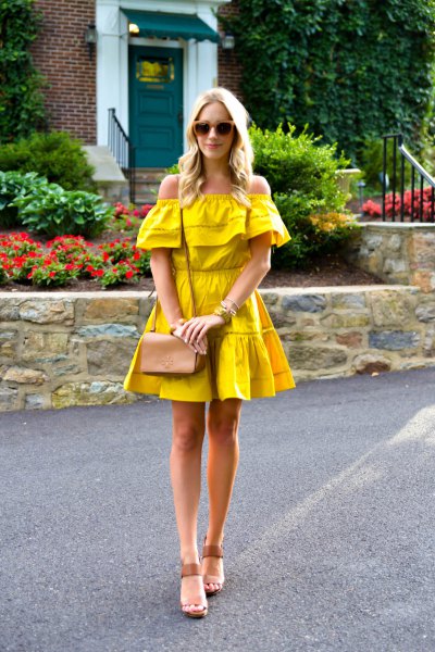 Mustard yellow off the shoulder ruffle fit and flare mini dress