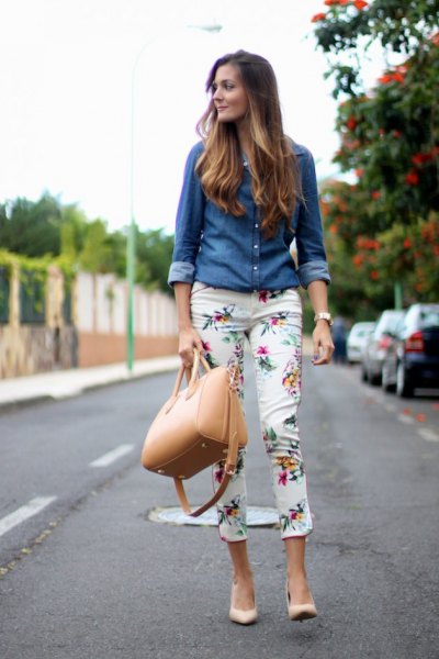 Chambray shirt with white floral trousers