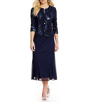 Dark blue and black evening jacket with sequins and a chiffon midi dress