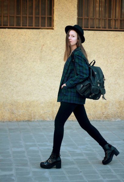 Navy and green plaid jacket, black skinny jeans
