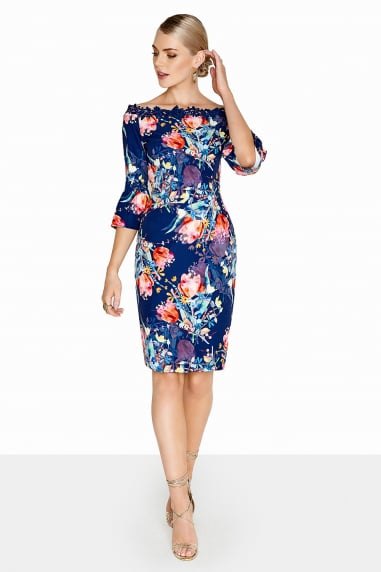 knee-length dress with a dark blue and orange floral print