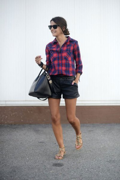 dark blue and red checkered leather shirt shorts
