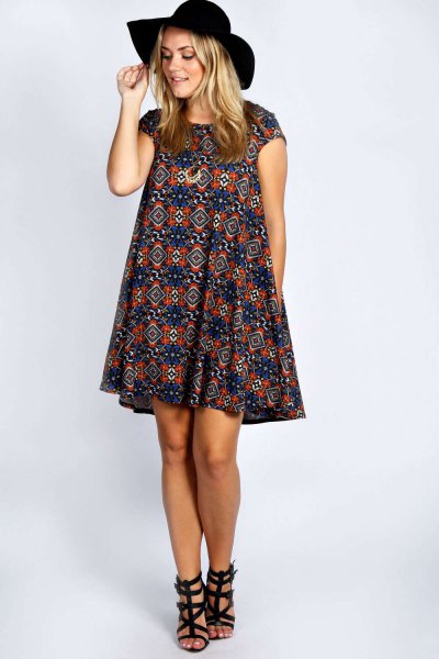 airy dress with dark blue and red tribal printed cap sleeves