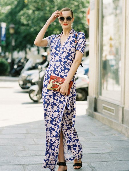 dark blue and white maxi side slit dress with open toe heels