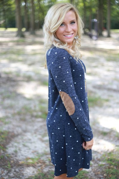 dark blue and white polka dot elbow patch sweater dress