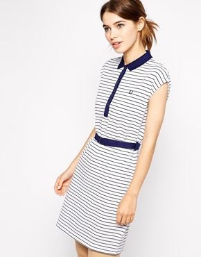 sleeveless polo shirt dress in navy and white with belt