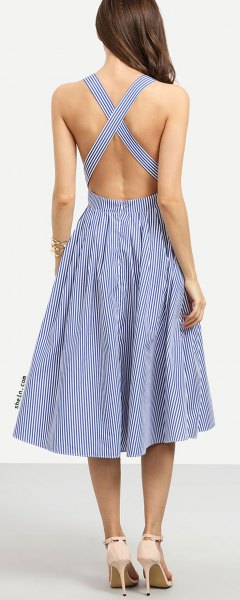 Dark blue and white striped midi dress with a crossed back