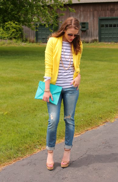 dark blue and white striped long sleeve T-shirt with yellow blazer