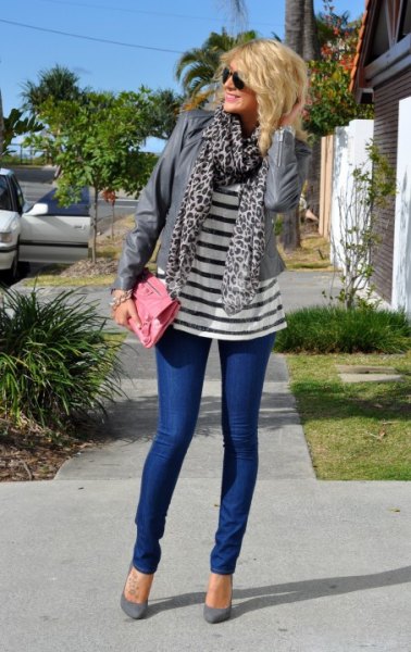 dark blue and white striped t-shirt scarf with a gray leopard print