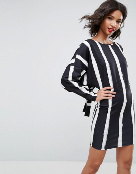 dark blue and white vertical striped shift dress