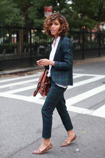 Dark blue and green checked blazer with a white shirt
