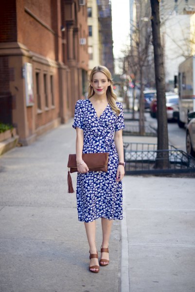 Dark blue and white midi dress with floral print and V-neck