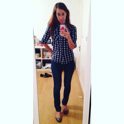 Dark blue and white checked, narrow cut shirt with dark jeans