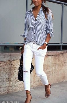 dark blue and white striped shirt with buttons and ripped white skinny jeans