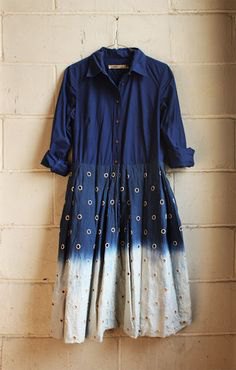 Dark blue and white tie-dye color block shirt dress