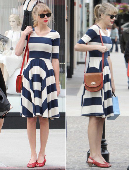 Dark blue and white, wide striped and flared dress with red kitten heels with open toes
