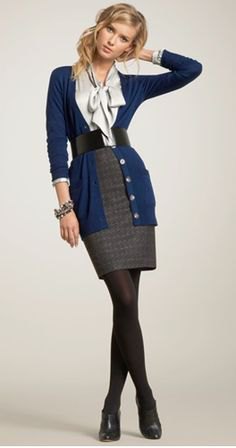 Dark blue cardigan with belt and gray silk ribbon bow blouse