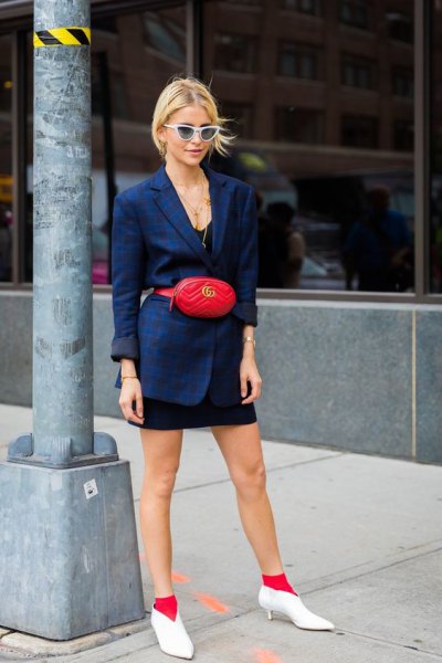 Navy blue blazer with black mini dress and white short leather kitten heel boots