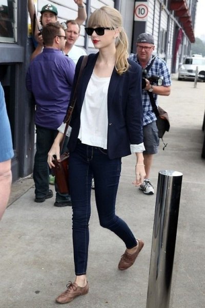 Navy blue blazer with white chiffon blouse and gray oxford dress shoes