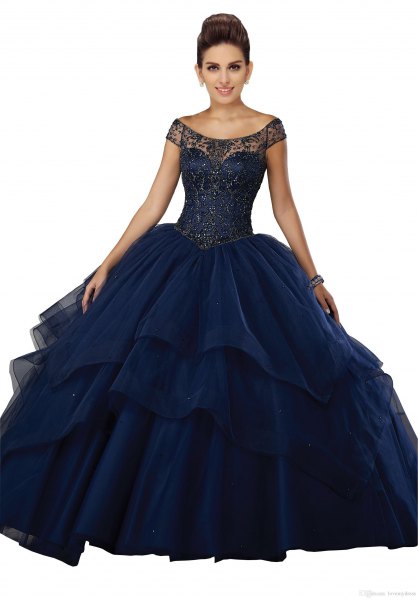 Dark blue floor-length dress with a boat neckline and flared tulle