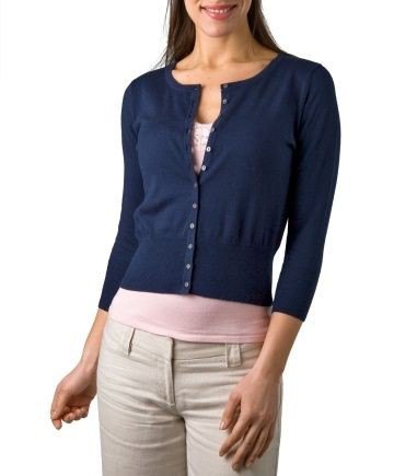 Dark blue cardigan with button closure and white t-shirt with scoop neck