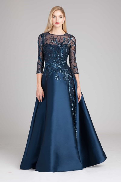 Dark blue maxi dress with chiffon sleeves and a flared dress