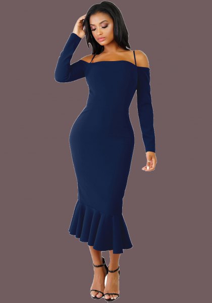 dark blue long-sleeved midi mermaid dress with cold shoulder