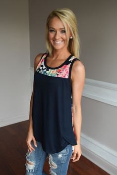 Navy blue color block flow tank top with ripped jeans