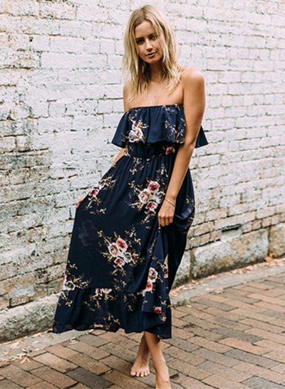 Dark blue maxi dress with ruffled shoulder and floral pattern