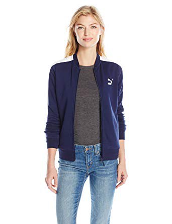 Dark blue Puma sports jacket with gray T-shirt and skinny jeans