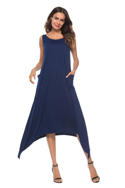 Dark blue sleeveless midi swing dress with open toes