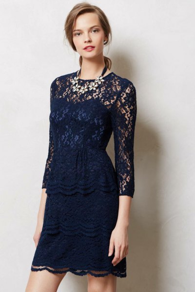 dark blue three-quarter-sleeved sheath dress made of lace