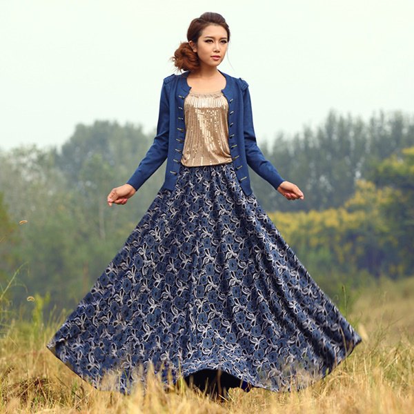 Dark blue maxi skirt with tribal print and cardigan