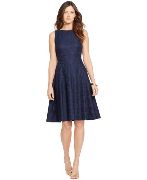 Navy fit and flare boat neck dress