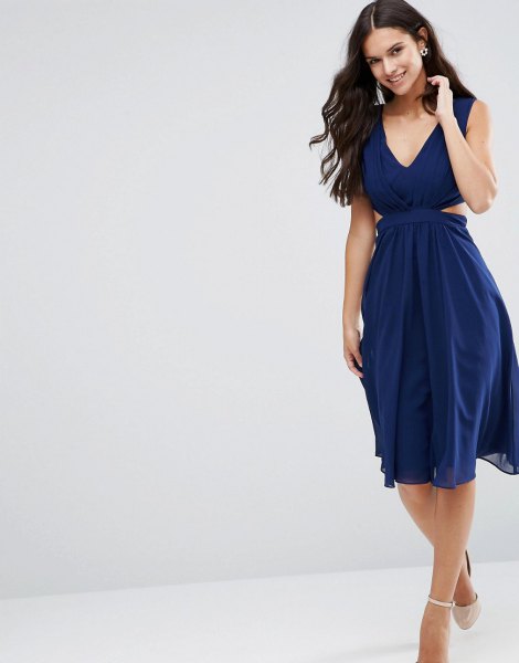 Navy Fit and Flare Midi Dress