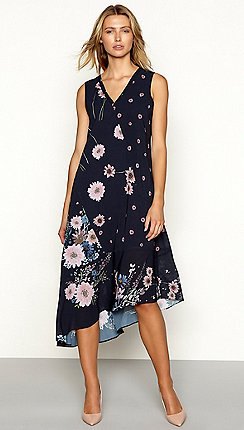 Dark blue, sleeveless summer cotton dress with a floral pattern