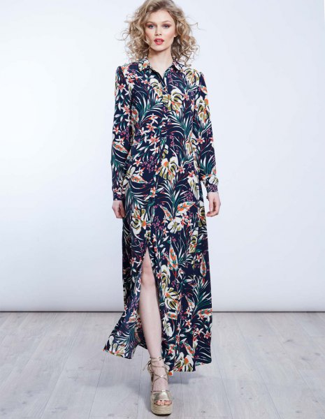 Dark blue maxi shirt dress with a side slit and floral pattern
