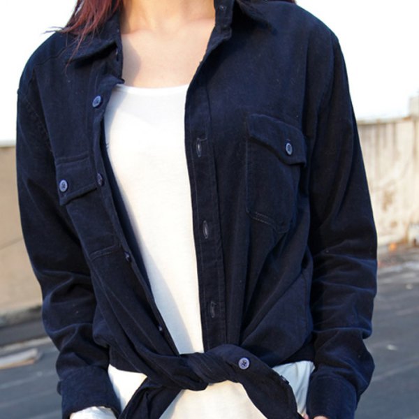 Navy knotted cord shirt over white top