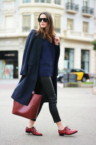 Dark blue wool coat with leather leggings and brown leather goat shoes