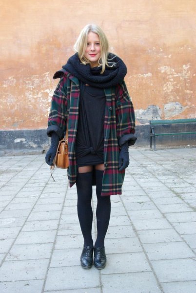 Navy plaid long coat with infinity scarf