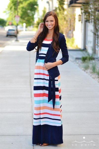 Navy cardigan with blue and white color block maternity maxi dress