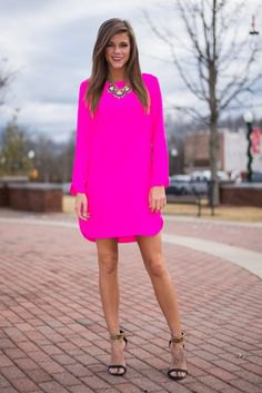 neon pink long-sleeved shift dress