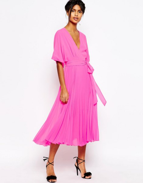 Neon Pink Midi Pleated Tie Waist Wrap Dress
