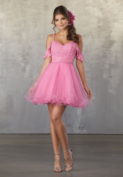 Neon pink sweetheart neckline cold shoulder mini tulle dress