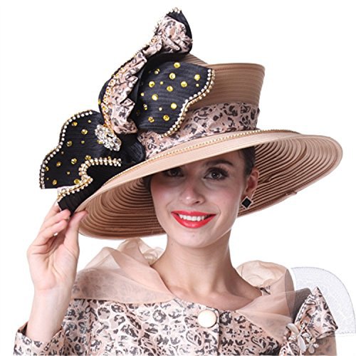nude and black church hat with a printed coat dress