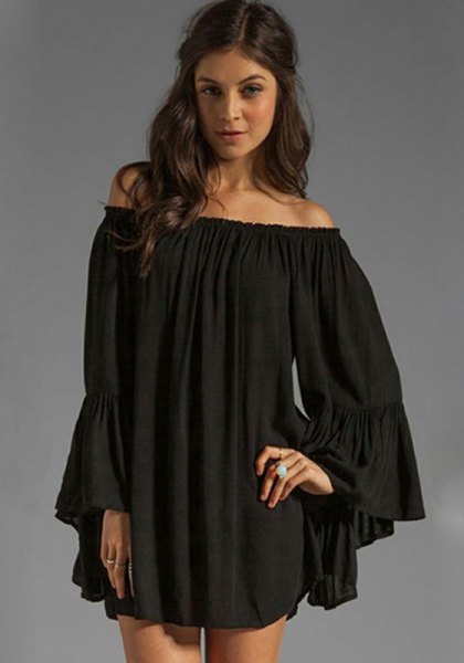 Off-the-shoulder babydoll mini dress with bell sleeves