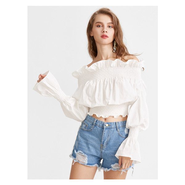 Ruffle Off The Shoulder Bell Sleeve Shirred Top ($15) ❤ liked on .