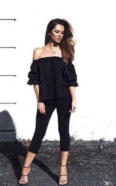 off-the-shoulder black ruffle blouse